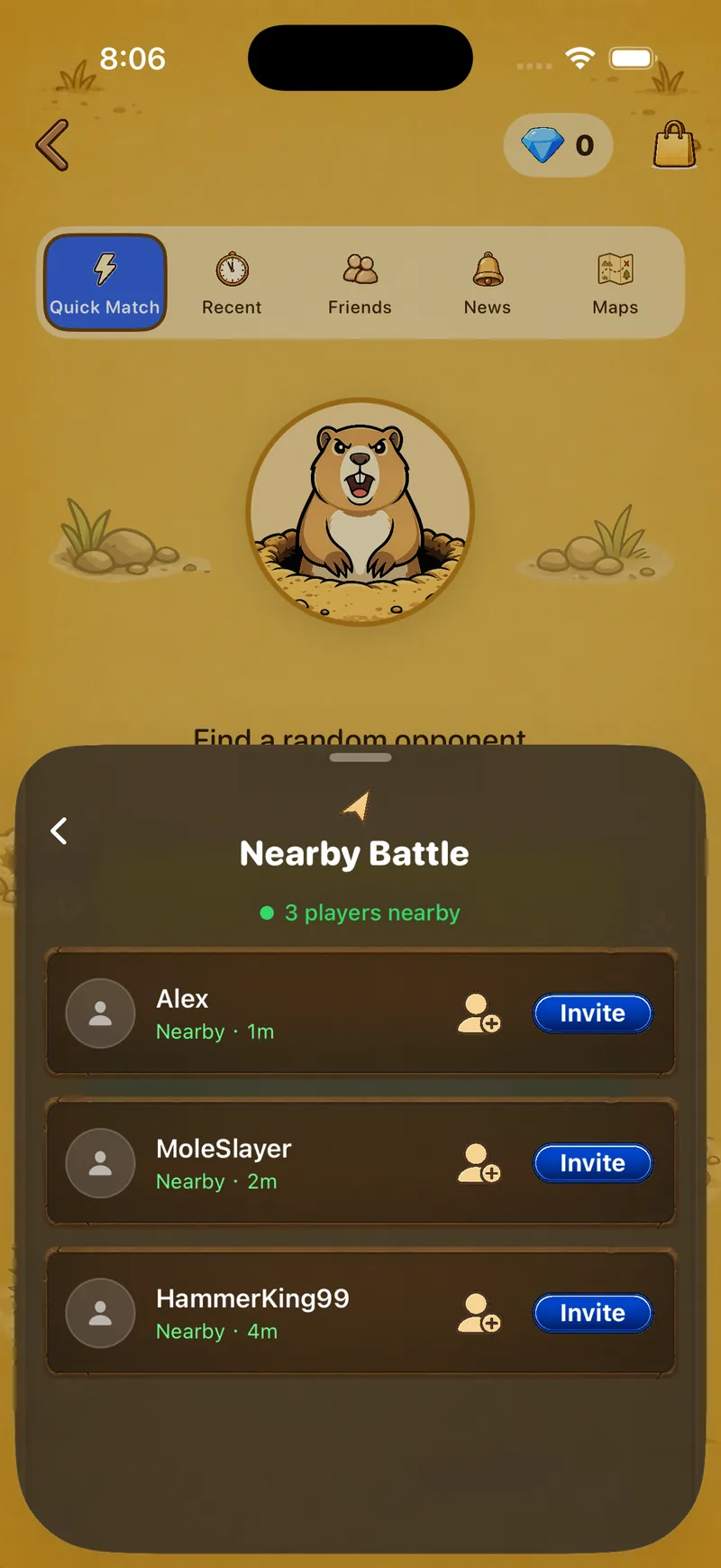 Sam&Hammer Nearby screen for finding another player to challenge