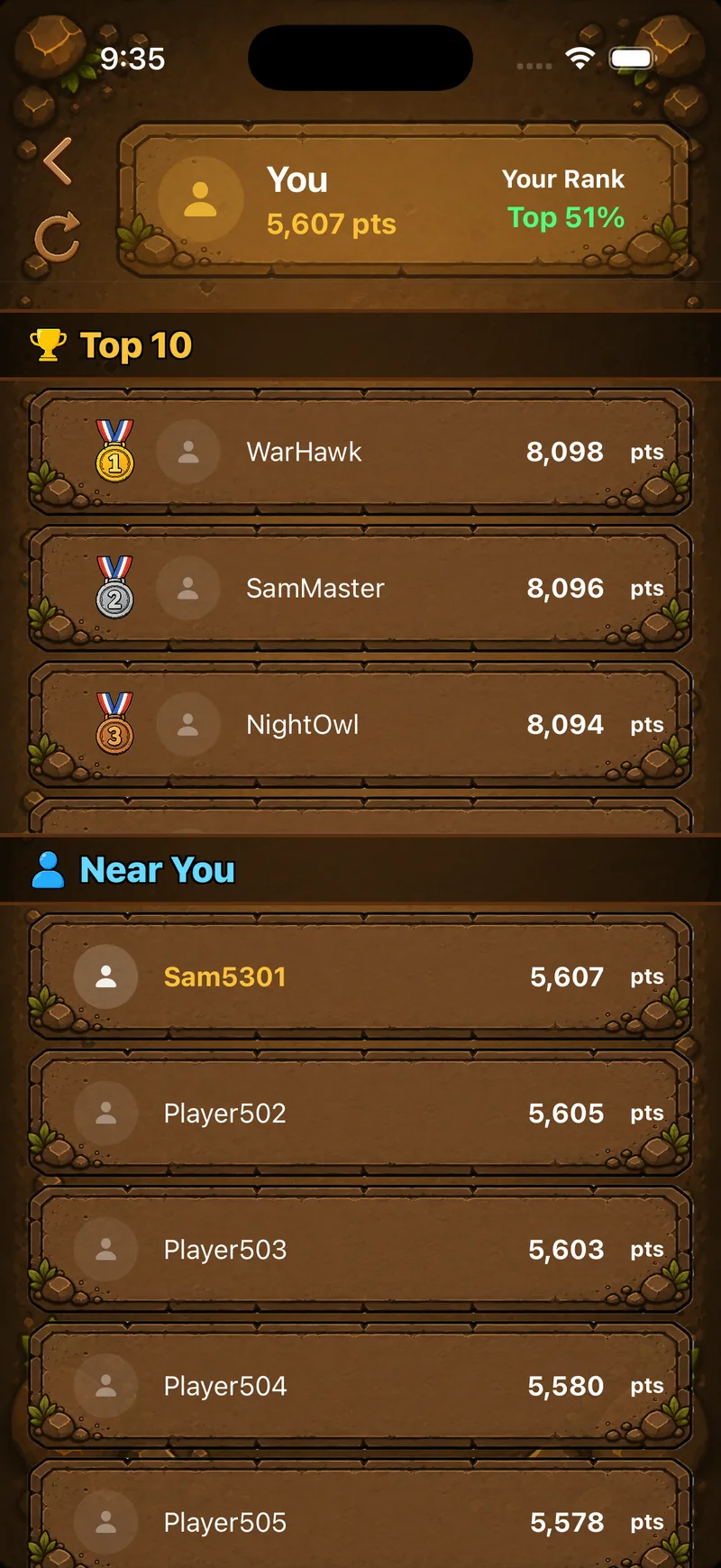 Sam&Hammer weekly PvP leaderboard and player ranking screen
